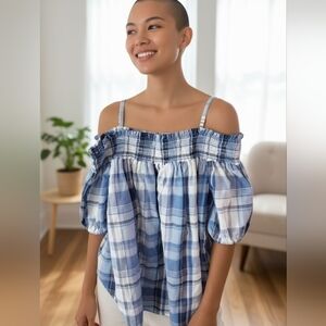 Ivanka Trump womens cold shoulder smocked bodice gingham windowpane plai…